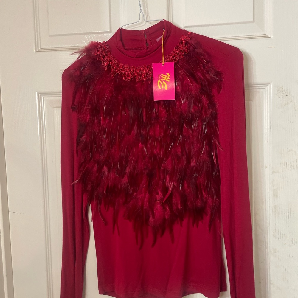 Elegant Red Feathered Women's Top